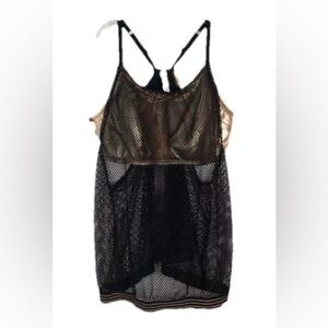 Cacique SWIM Tankini Top Swimsuit Black Gold Stretch Mesh Adjustable Plus Sz 18